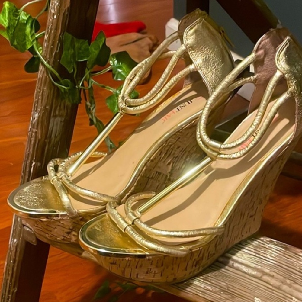 Strappy gold cork wedges